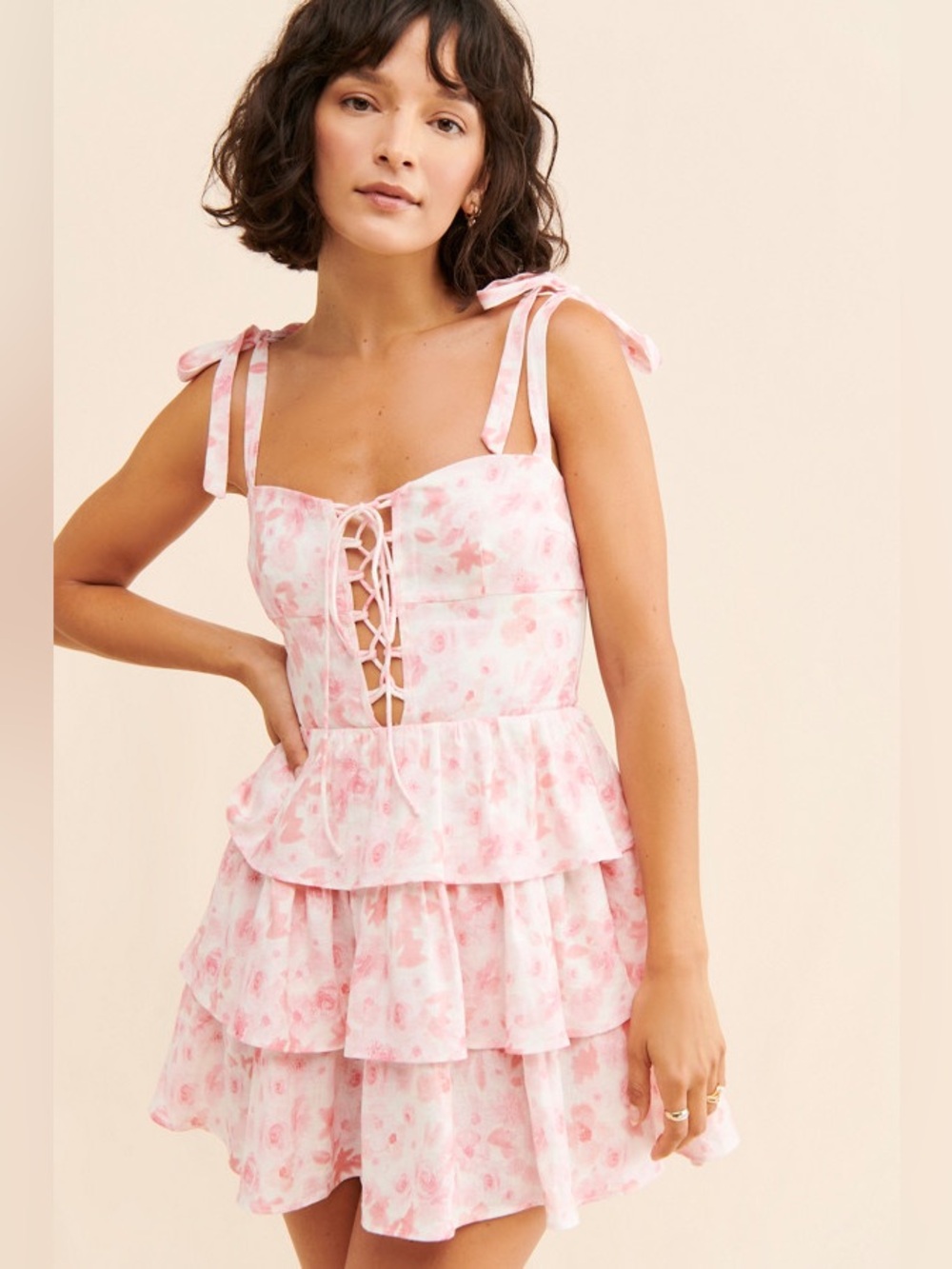 Bardot Laurie Floral Mini Dress Tie-Shoulder Pink Tiered